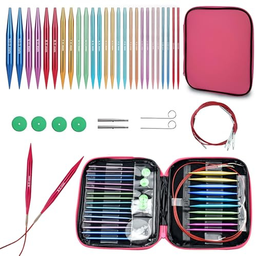 Hsyan Rundstricknadeln Stricknadeln Set, 13 Paar Aluminium Stricken für Anfänger Set 10 cm 3–10mm Durchmesser mit 4 Kordeln, Tasche und Zubehör Auswechselbare für Socken, Pullover, Colorful