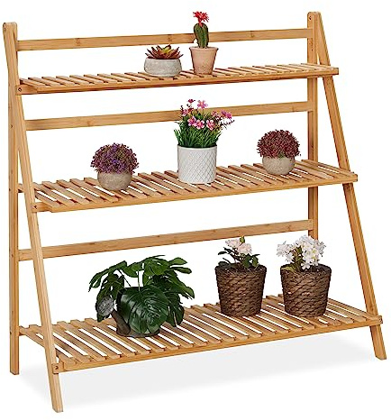 Relaxdays Blumenregal aus Bambus, Pflanzenständer mit 3 Ebenen, natur | HxBxT: 96 x 99,5 x 37 cm, klappbare Blumentreppe