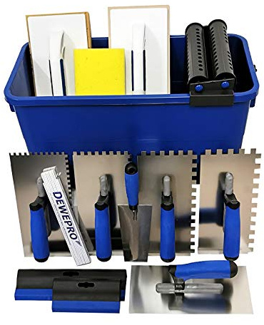 DEWEPRO® Fliesenwaschset - 16-teiliges Fliesenleger Waschset XL - 22l Waschbox - Zahnkellen - Schwammbrett - Glättekelle