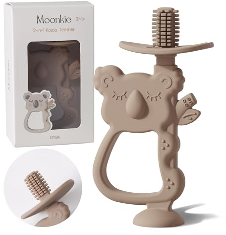 Moonkie Beißring Baby mit Saugfuß, 360° Silikon Zahnbürste, Beißring Spielzeug, Beißspielzeug, BPA-frei Baby Zahnungshilfe für 6 Monate+ Kleinkind 1 Stück(Koala Warm Taupe)