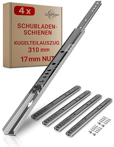 LouMaxx Schubladenschienen 310mm 17mm Nut – 2 Paar (links/rechts) – Auszugsschienen mit Ausrollsicherung – Schubladenauszug für Holzschubladen mit 17mm Führung, einfache Montage, inkl. Schrauben