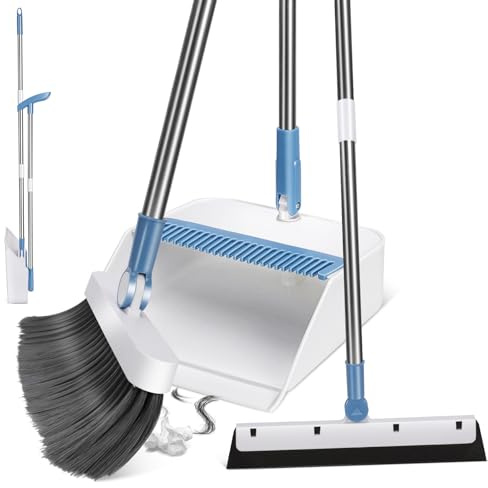 MASTERTOP Besen mit Stiel, Besen und Kehrschaufel Set mit Wasserabzieher, Kehrschaufel Set Aufrechte Kehrmaschine Schaufel und Besen Set für Haus, Büro, Lobby, Terrasse, Blau+Weiß