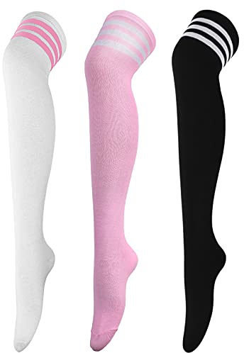 DRESHOW 3 Paar Damen Überknie Kniestrümpfe Overknee Strümpfe Lange Gestreifte Socken Schüler Knitting Sportsocken