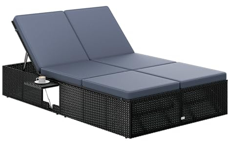 Casaria® Sonnenliege 2 Personen mit Klapptisch Gartenliege 7cm Auflagen Wetterfest 220kg Belastbar Liegestuhl Verstellbar Schwarz Anthrazit 200x115cm