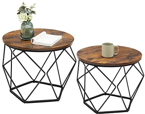 VASAGLE Couchtisch rund, 2er Set, Wohnzimmertisch, Beistelltisch, Vintage-Flair, abnehmbare Tischplatte, für Wohnzimmer, vintagebraun-tintenschwarz LET040B01