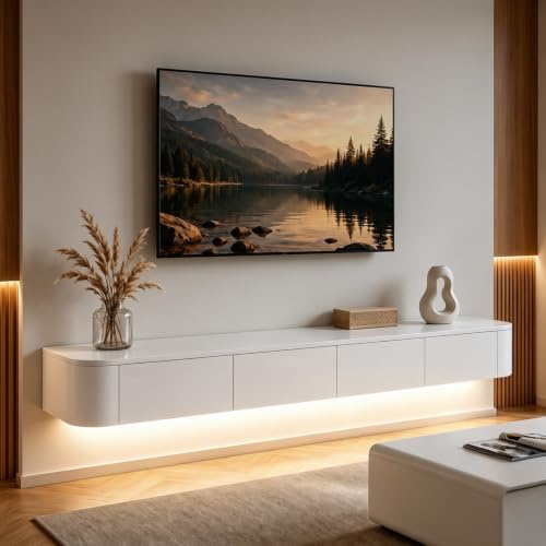 Ribanedy Modernes Schwebendes TV-Regal mit LED-Beleuchtung | Wandmontierte Unterhaltungsmedien-Konsole | Großes Aufbewahrungs-TV-Bank für Wohnzimmer & Büro (Weiß, 140cm)