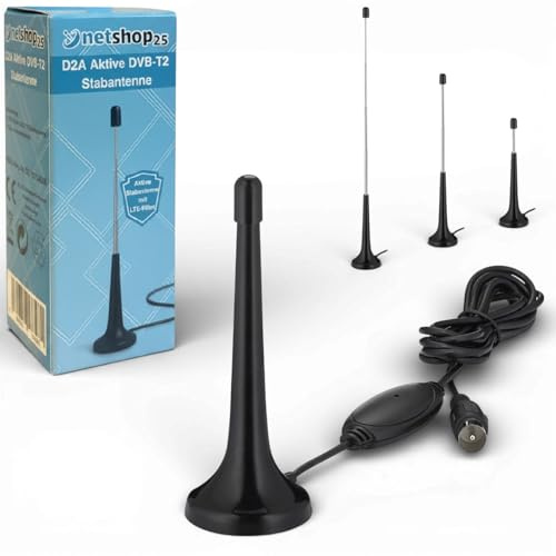netshop 25 DVB-T2 Antenne mit Verstärker und LTE Filter für digitales HD Fernsehen und DAB Radio. Aktive 360° Zimmerantenne mit Magnetfuß (Digital TV, 4K, HDTV, DVB-T2, DAB, DAB+)