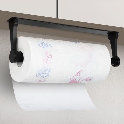 Cozary Küchenrollenhalter Ohne Bohren, Küchenpapierhalter mit Schrauben, Aluminiumlegierung Toilettenpapierhalter, Wandmontage, Für Küche, Bad, Schrank & Büro, zum Kleben Oder Bohrbar, Schwarz