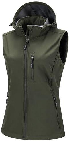 33,000ft Damen Softshell Westen mit Abnehmbare Kapuze Fleece Gefütterte Ärmellose Jacke Wasserdichte Winddichte Sportwesten Vest mit 5 Taschen für Reiten Laufen Wandern Olivgrün L