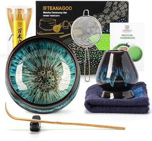 TEANAGOO Matcha Set| Matcha Tee Set| Matcha Besen| Matcha Tea Set | Matcha Schale| Matcha Whisk,Schaufel, Sieb, Matcha-Besenhalter, Matcha-Besenständer-7 Stück Matcha Zubehör,N4, Junware-Grün