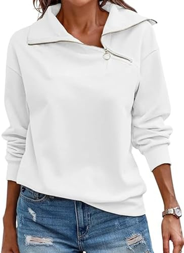 Cuptacc Damen Pullover Winter Quarter Zip Rollkragen Langärmelig Sport Top Damen Loose Baisc Einfarbig Outfit Weiß, Klein S 36