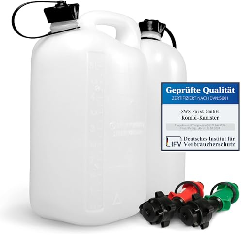 SWS Forst GmbH Kombi-Kanister - 5L + 3L - Doppel-Kanister - Kanister für Kraftstoff und Kettenöl - Transparenter Benzinkanister - mit 2 Einfüllsystemen