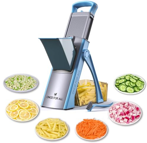 ONCE FOR ALL Gemüseschneider mit Auffangbecken, Gemüsehobel ideal als Pommesschneider & Kartoffelschneider, Zwiebelschneider Gurkenhobel - Würfelschneider, Julienner,Geschenk (Blau)