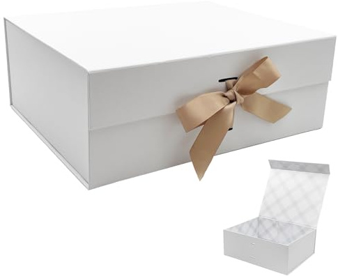Tekhoho Scatola Regalo Bianco Grande 33.5x27x12.5 cm, Scatola Regalo Premium con Coperchio Magnetico e Nastro per Confezioni Regalo di Matrimonio e Compleanno, Fodera Plaid