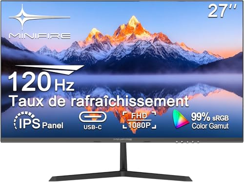 Minifire Monitor 27 Zoll Bildschirm im rahmenlosen Design, IPS, 120Hz, USB Tpye-C, FHD(1080P), sRGB110%, 300 Nits, FreeSync, Eye-Care, HDMI USB Type-C Anschlüsse, unterstützt VESA - Schwarz