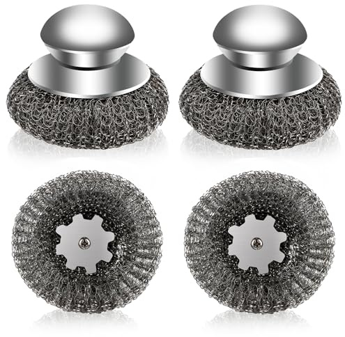 Stahlwolle Schrubber mit Griff 4 Stück Stahlschwamm Topfreiniger Edelstahl Schwamm zum Reinigen von Geschirr, Gusseisen Suppentöpfe, Pfannen, Grills Usw