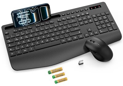 Tastatur Maus Set kabellos, Handballenauflage, Telefonhalter, Akku im Lieferumfang enthalten, 2.4G keine Latenz Ergonomische Tastatur kabellos Set, Leise Maus und Tastatur für Laptop, PC, Mac, Windows
