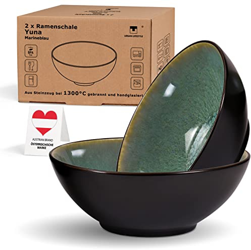 Urban Lifestyle Ramen Schüssel Set 2er YUNA Schüssel Keramik Ø 20 cm, 900-1000 ml große Schüssel als Ramen Schüssel, Salatschüssel & Müslischalen (seegrün)
