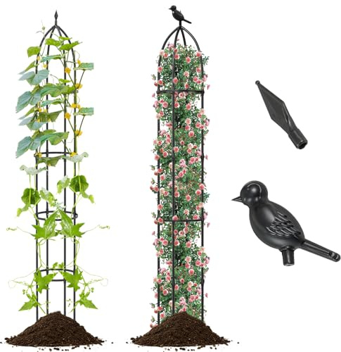 HOMASIS 2er Set Rankhilfe Obelisk, 197 cm Rankturm Metall, Rankobelisk Rankgitter mit 4 verstellbaren Höhe, wetterfest Rankstütze Ranksäule für Kletterpflanzen Rosen Blumen Tomaten, Schwarz (Modell 2)