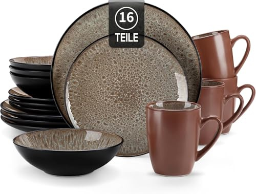 Tafelservice Steinzeug, vancasso 16-tlg. BUBBLE Kombiservice aus Steingut, inkl. Schalen, Tassen, Desserttellern & Speisetellern für 4/8/12 Personen