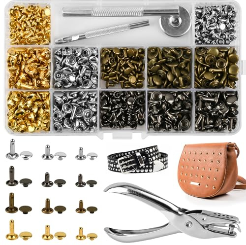 CEOTIS 365 Stück Hohlnieten für Leders,Leder Nieten Set Doppelkappe mit Nietenzange Lochzange Hohlnieten 12mm 8mm 6mm Nieten für Leder Nieten für Kleidung,mit 3 Werkzeug, Doppelkappe Nieten 4 Farben