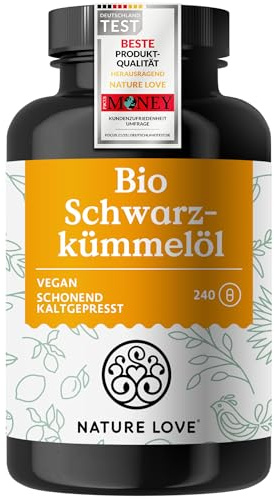 NATURE LOVE® Bio Schwarzkümmelöl - 240 allergenfreie, vegane Kapseln - hochdosiert: 1000mg pro Tagesdosis - davon 50% Linolsäure - kaltgepresst, aus Ägypten