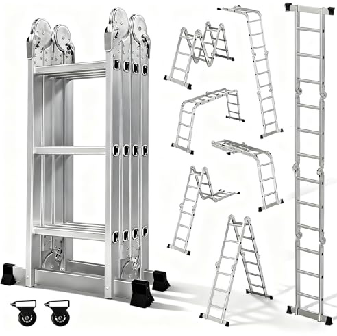 OUTIGO Mehrzweckleiter 4x3, 7in1 Multifunktionsleiter, 350CM Alu Vielzweckleiter Klappleiter mit 2 Räder, Haushaltsleiter Max Belastung 150kg, Multifunktionsleiter 12 Sprossen