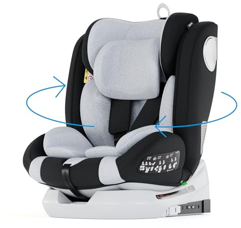 Babify Onboard, Autositz Isofix für Babys und Kinder, 0 Monate - 12 Jahre, 40-150cm, 360°drehbar, tragbarer und sicherer Sitz i-Size ECE R129 Grau