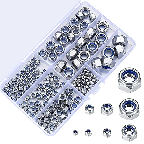200 Stück Sicherungsmuttern Sortiment, Edelstahl Selbstsichernde Muttern, M3 M4 M5 M6 M8 M10 M12 Gewindeeinsätze Sechskantmuttern Set, Verschiedene Nylon-Sicherungsmuttern