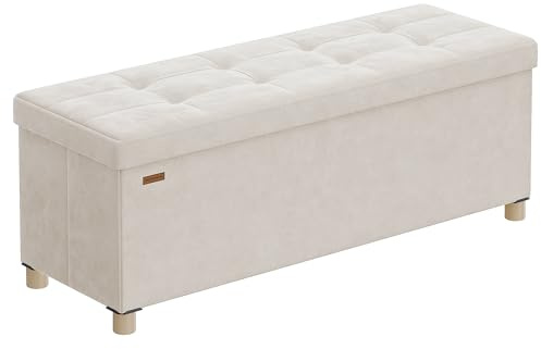 SONGMICS Sitzbank mit Stauraum, Hocker faltbar, 38 x 110 x 40 cm, Aufbewahrungsbox mit Deckel, Fußhocker 112 L, Samt, bis 300 kg belastbar, Flur Wohnzimmer Schlafzimmer, cappuccinobeige LSF0518W02