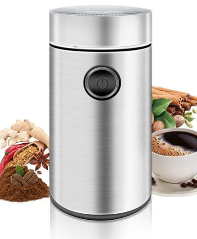 Kaffeemühle Elektrisch Edelstahl Gehäuse, 150W 22000 U/min Hochgeschwindigkeit Mahlwerk, Bis zu 50g Bohnenbehälter, Für Kaffeebohnen, Nüsse, Gewürze (9.7x9.7x17.8cm)