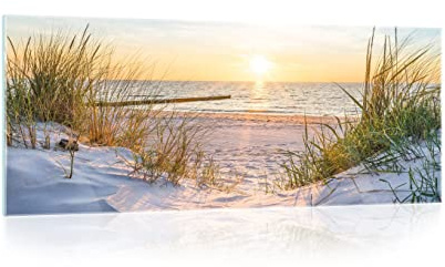 Glasbild Strand Meer Ostsee Natur Landschaft 125x50 cm Modern Glasbilder Wohnzimmer Schlafzimmer Badezimmer Bilder auf Glas Bild groß XXL einteilig Querformat Wandbild Wandbilder Aufhängfertig