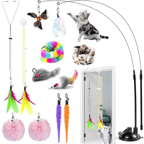 Interaktives Katzenspielzeug mit Saugnapf, 12pcs Interaktives Katzenspielzeug Angel mit Feder, Katzenangel mit Saugnapf, Austauschbare Federspielzeuge, Katzenangel Ersatz für Kätzchen, Katzen