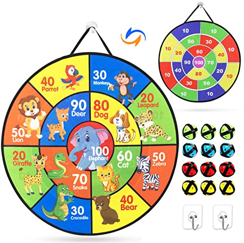 Kinder Klett Dartscheibe, 66cm Faltbares Doppelseitiges Spielzeug | Dartscheibe mit Tier Motiven und Zahlen inkl. 12 Klebrigen Bällen, Dart Wurf Spiel Scheibe für Groß und Klein Jungen Mädchen