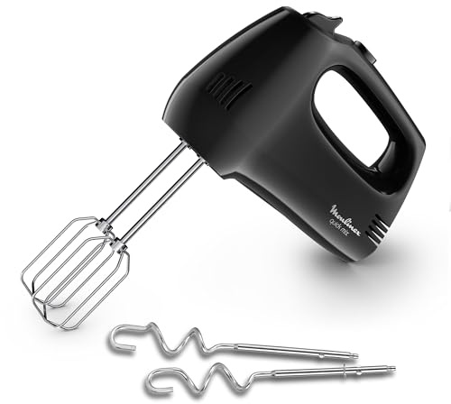 Moulinex Quickmix HM3108 - Handmixer mit 300 W, 5 Geschwindigkeiten, zwei Zubehörteile zum Kneten oder Rühren, Edelstahl, Brot, hausgemachte Pizza, Kuchenteig, klarer Schneepunkt, schwarz