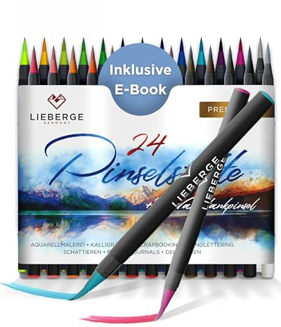LIEBERGE Pinselstifte Premium-Set - 24 Aquarellfarben + 2 Wassertankpinsel - Brush Pen mit flexibler Pinselspitze für Aquarell, Hand Lettering, Bullet Journal, Kalligraphie