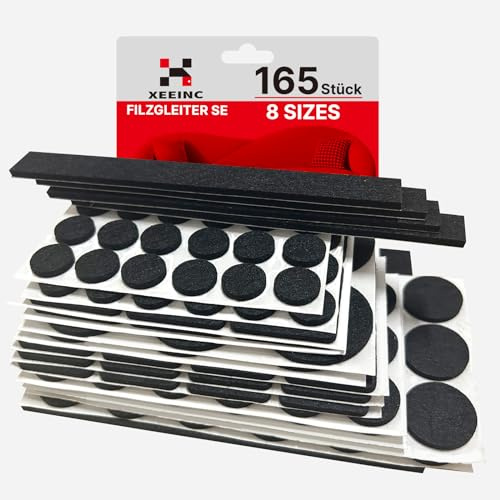 XEEINC Filzgleiter Selbstklebend 165 Stück - Filzgleiter für Stühle mit 8 Größen - 3mm Dicke Möbelgleiter Filz selbstklebend für Stühle Bodenschutz - mit Idealer Klebkraft - Schwarz