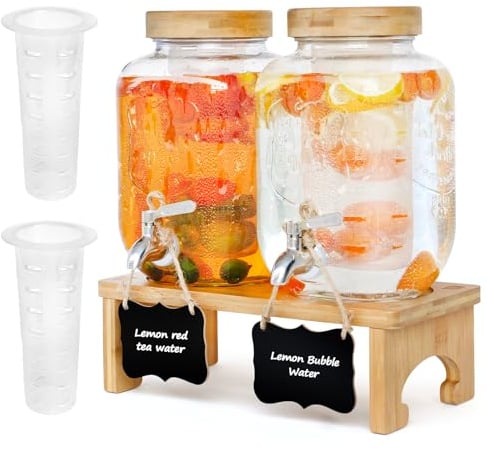 2 x 4L Getränkespender mit Ständer, Getränkespender aus Glas mit Zapfhahn aus massivem Edelstahl für geeiste Säfte, Wasser, hausgemachte Getränke, Partys, Hochzeiten