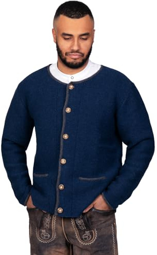 Edelnice Trachtenmode Trachten Strickjacke Felix aus Wolle in Blau oder Anthrazit Gr. 46-62 (Blau, 52)