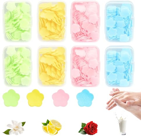 VIDSTW 8 Stück Kartons Seifenblätter, Mini Seifenblättchen Seifenblätter | 4 Düfte Travel Soap Flocken mit Staubbox Reise Seife Blätter Blütenblattform Outdoor Seife Flocken, für Badezimmer, Camping