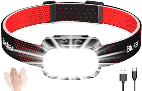 Blukar LED Stirnlampe Wiederaufladbar, Superhell 2000L Stufenlos Dimmbar Kopflampe mit 5 Normalmodi & 5 Sensormodi & Rotlicht, Leichtgewichtig Wasserdichte Mini Stirnleuchte für Camp, Angeln usw.