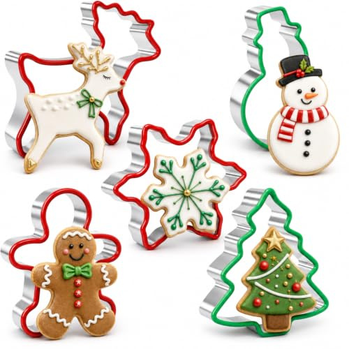 Weihnachten Ausstechformen Set, 5 Stück Edelstahl mit Silikonrand | Lebkuchenmann, Schneeflocke, Baum, Schneemann und Rentier form Weihnachts ausstecher für Backen