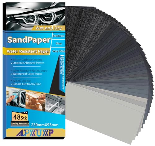 ALPXUXP Schleifpapier Set 48 Stück Nass und Trocken Profi Wasser Schmirgelpapier,für Auto|Metall|Holzmöbel|Stein|Lack|Glas,Körnung 120/180/240/400/600/800/1000/1200/1500/2000/3000/5000，23 x 9cm