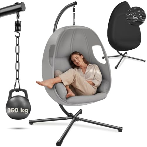 tectake® Hängesessel mit Gestell, Indoor oder Outdoor, Schaukel Sessel mit Kissen + Rückenkissen, Schaukelstuhl, Hängestuhl. Möbel für Wohnzimmer, Schlafzimmer, Balkonmöbel, bis 160kg (hellgrau)