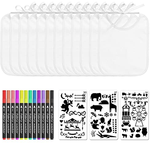 12 Stück Lätzchen zum Bemalen, mit 12 Farbigem Farbigem Textilstiften und 3 Malen Schablonen, Doppelseitiges Babylätzchen, Weiße Lätzchen Bemalen, Geschenk für Babyshower Party DIY (22 x 18 cm)