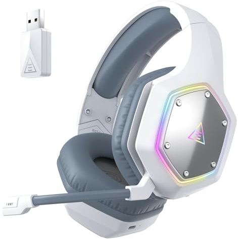 EKSA Wireless Headset mit Mikrofon, 2.4 GHz USB Dongle Gaming Headset Kabellos, 7.1 Surround Sound Klare Hörposition, ENC & RGB Gaming Kopfhörer, 36 Hour Lange Akkulaufzeit für PC, PS4, PS5,Weiß