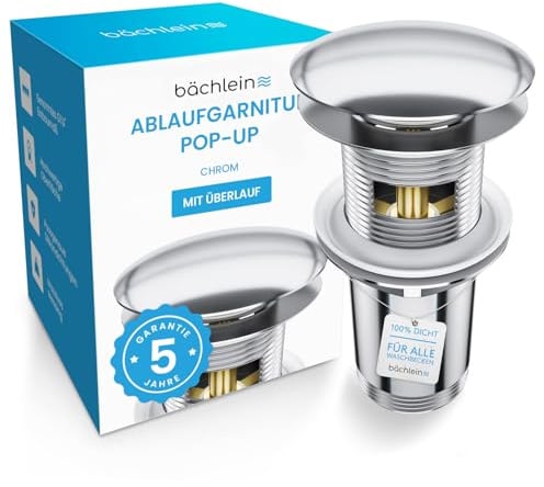 Bächlein Universal Ablaufgarnitur mit Überlauf (Chrom) - Pop Up Ventil für Waschbecken und Waschtisch – Ablaufventil Abflussgarnitur aus Messing mit Einbauanleitung