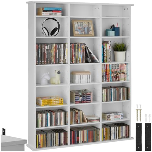 tectake® CD Regal, DVD Ständer, Raumteiler Schrank, Wand Regale Weiß, 18 Einstellbare Zwischenböden, Manga Aufbewahrungssystem - Weiß Matt