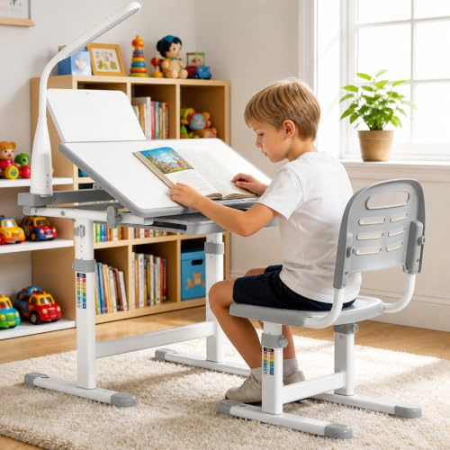 MAMIZO Kinderschreibtisch und Stuhl Set, Höhenverstellbarer Kinder Schreibtisch und Stuhl Set, Schülerschreibtisch, Jugendschreibtisch Multifunktionaler, Lampe und LesestäNder (Grau)
