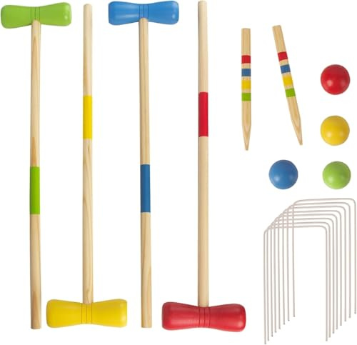 WOODENFUN Holz Krocket Set Spiel Crocket für 4 Spieler Kinder Erwachsene Außenbereich Krocketspiel Spielspaß für Jungen Mädchen ab 3 Jahren (Verschiedene)